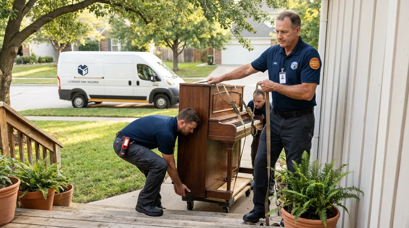 Licensed piano movers securing grand piano in Granite Falls, NC
