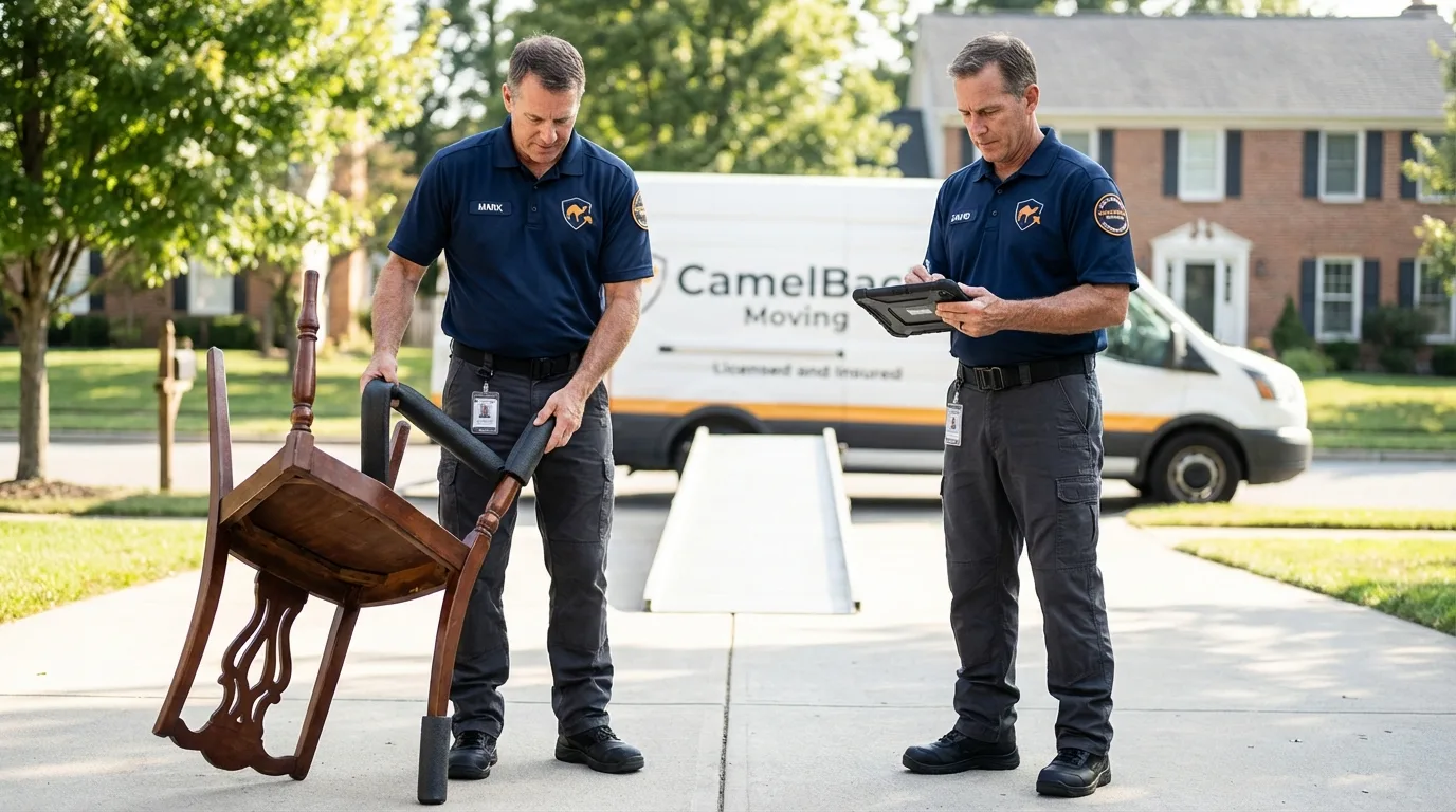 Movers inspecting furniture for damage prevention before loading in Granite Falls, NC